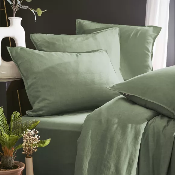 Drap housse lyocell Tencel™ lavé (140 x 200 cm) Olivia Vert romarin
