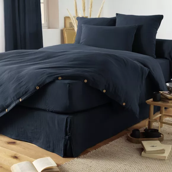 Cache-sommier Gaze de coton (140 x 190 cm) Gaïa Bleu nuit 4