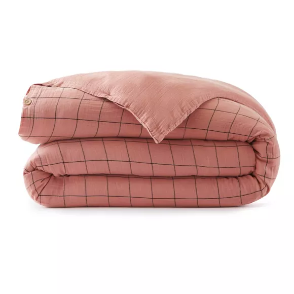 EM - Housse de couette rŽversible 140 x 200 cm Gaze de coton tissŽe teinte GAìA MATCH Rose pche