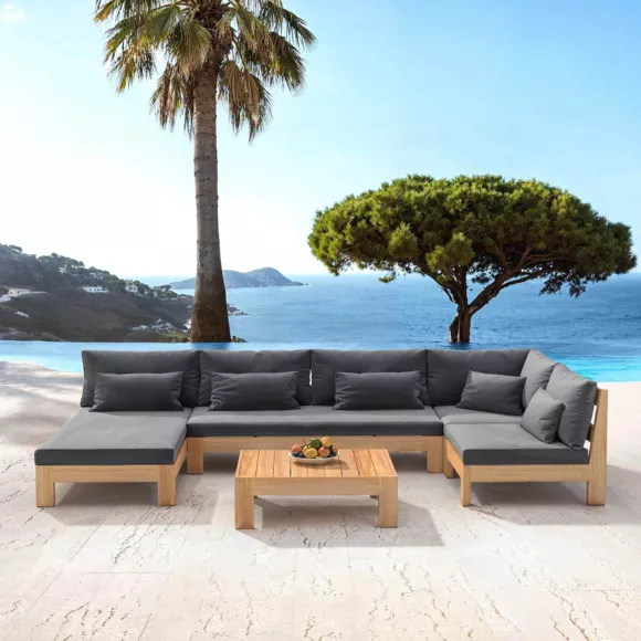SALON DE JARDIN D'ANGLE BORNEO 5 PLACES STRUCTURE EN BOIS ET COUSSINS ANTHRACITE
