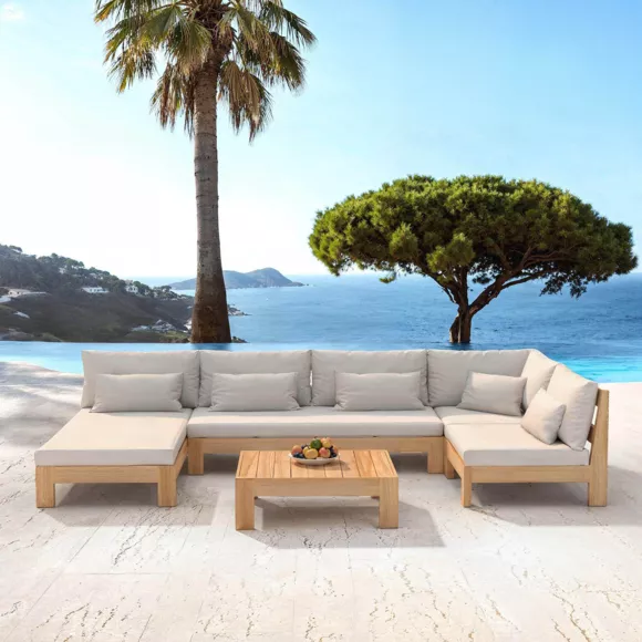 SALON DE JARDIN D'ANGLE BORNEO 5 PLACES STRUCTURE EN BOIS ET COUSSINS SABLE