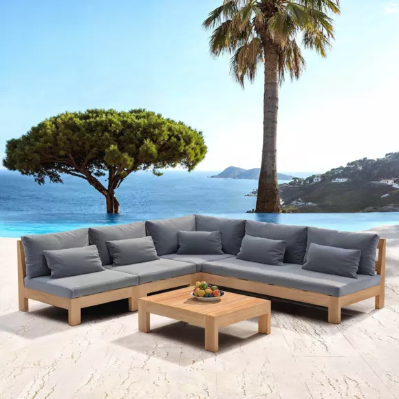 SALON DE JARDIN D'ANGLE BORNEO 6 PLACES STRUCTURE EN BOIS ET COUSSINS ANTHRACITE