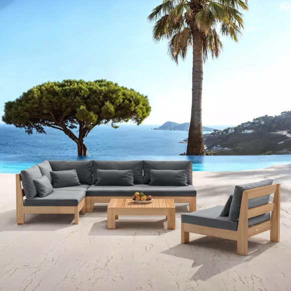 SALON DE JARDIN D'ANGLE BORNEO 6 PLACES STRUCTURE EN BOIS ET COUSSINS ANTHRACITE