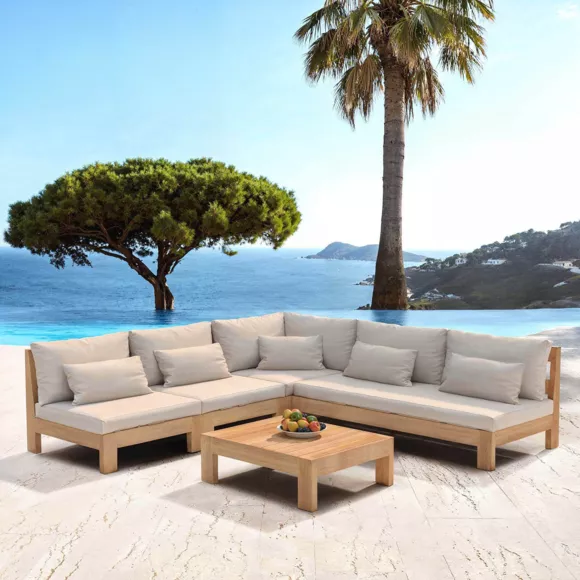 SALON DE JARDIN D'ANGLE BORNEO 6 PLACES STRUCTURE EN BOIS ET COUSSINS SABLE