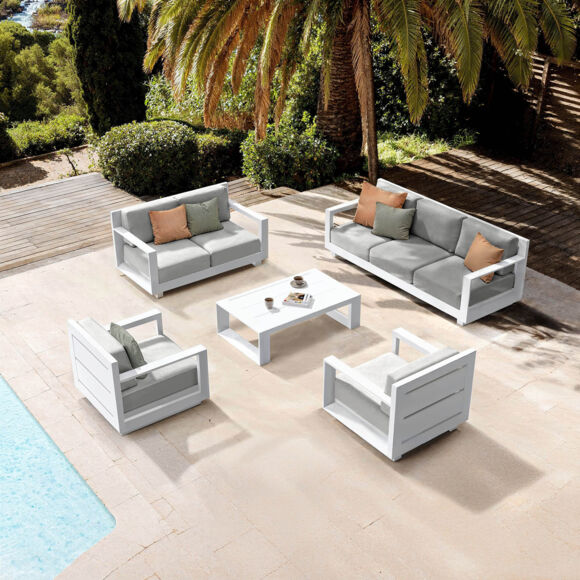 SALON DE JARDIN ELBA 7 PLACES STRUCTURE BLANC ET COUSSINS GRIS NUAGE