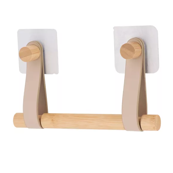 DEROULEUR PAPIER WC BAMBOU + LANIERES SIMILI CUIR SUR STICKER - BEIGE/BAMBOU