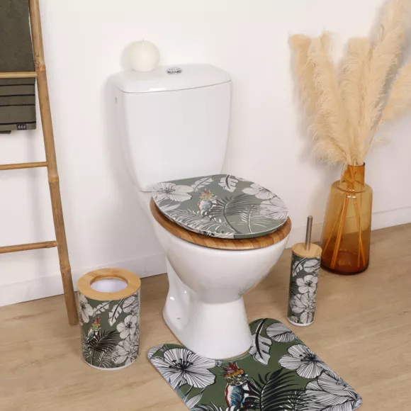 ABATTANT WC MDF 18 POUCES COUVERCLE DESIGN IMPRIMEE ET ASSISE FACON BAMBOU ATTACHES ACIER INOXYDABLE - JUNGLE FEVER KAKI
