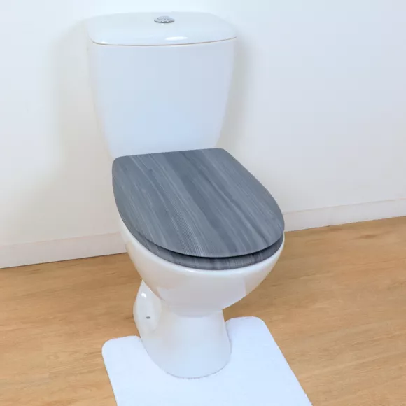 ABATTANT WC BOIS MOULE 18 POUCES FORME PLATE ATTACHES ACIER INOXYDABLE - FACON LAMBRIS GRIS