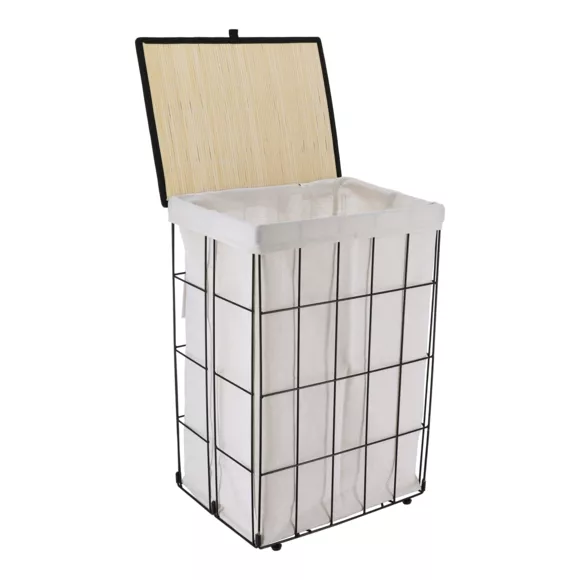 PANIERE A LINGE METAL PLIABLE COUVERCLE EN BAMBOU - NOIR/TISSU NATUREL
