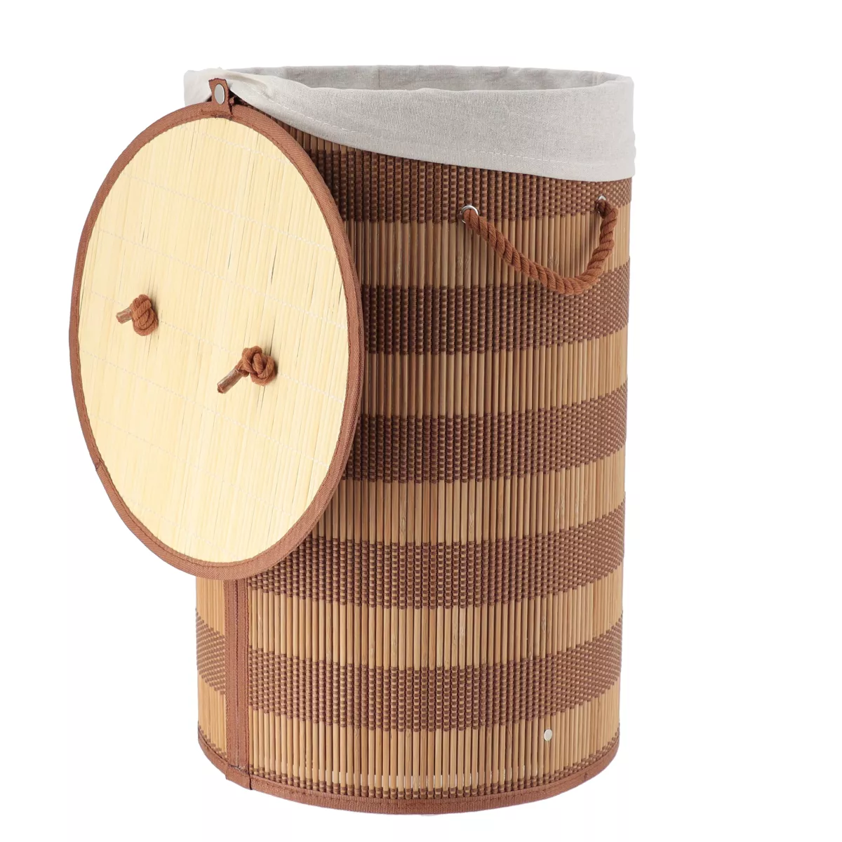 Cesto de ropa redondo y plegable (H55 cm) Bambú Marrón y beige