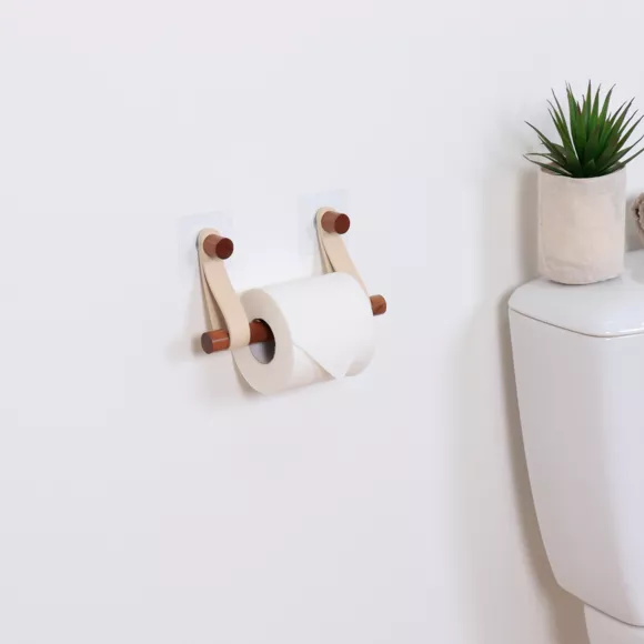 DEROULEUR PAPIER WC BAMBOU + LANIERES SIMILI CUIR SUR STICKER - BEIGE/FACON ACACIA