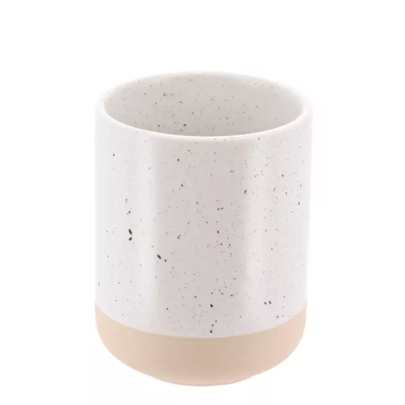 SET GOBELET DISTRIBUTEUR A SAVON ET PORTE SAVON GRES MOUCHETE ET BASE - BLANC / BEIGE