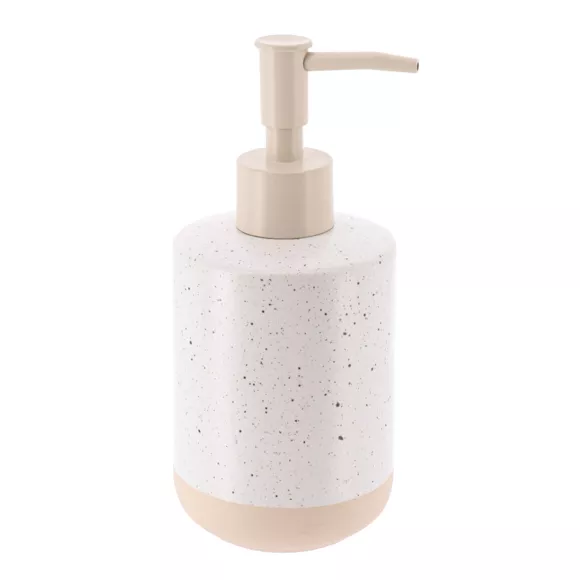 SET GOBELET DISTRIBUTEUR A SAVON ET PORTE SAVON GRES MOUCHETE ET BASE - BLANC / BEIGE