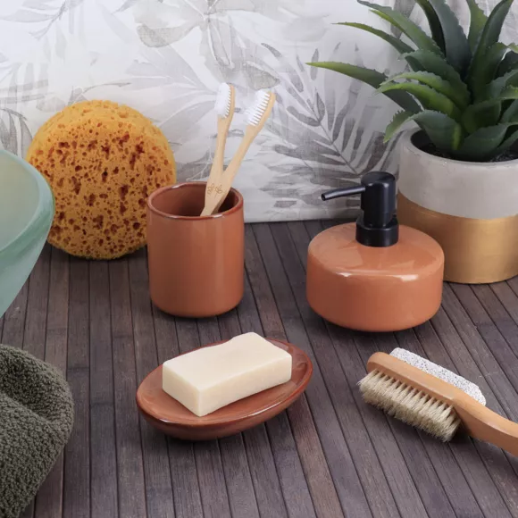 SET GOBELET DISTRIBUTEUR A SAVON ET PORTE SAVON GRES LAQUE - AMBRE