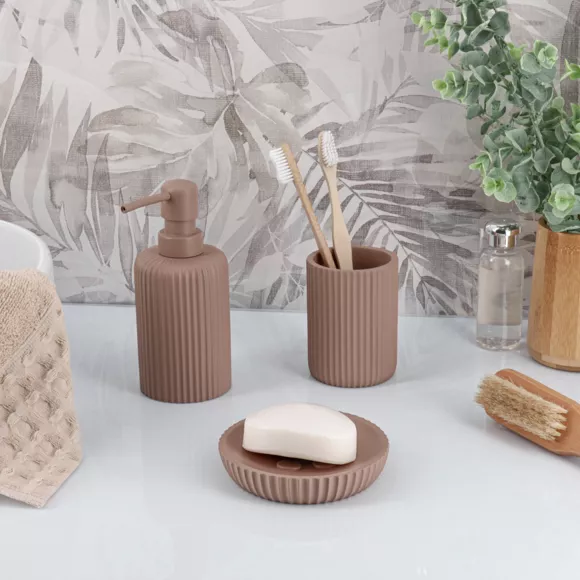 SET GOBELET DISTRIBUTEUR A SAVON ET PORTE SAVON POLYRESINE STRIEE - CAPPUCINO