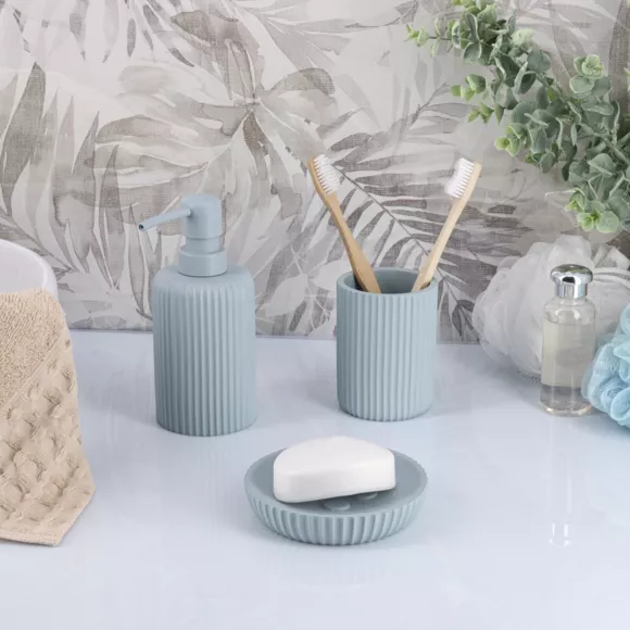 SET GOBELET DISTRIBUTEUR A SAVON ET PORTE SAVON POLYRESINE STRIEE - BLEU CLAIR