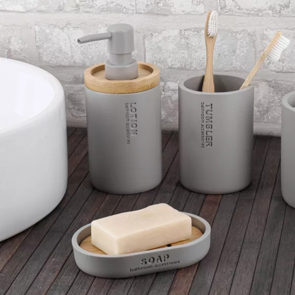 SET GOBELET DISTRIBUTEUR A SAVON ET PORTE SAVON POLYRESINE - GRIS CLAIR/BAMBOU