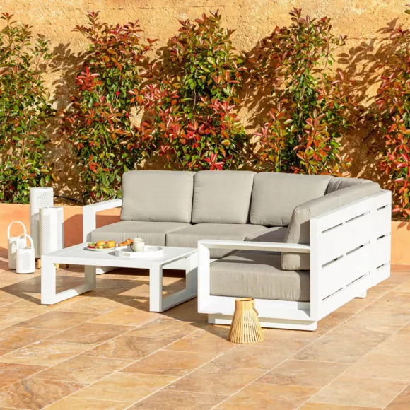 Salon de jardin d'angle aluminium 5 places Elba Blanc et taupe