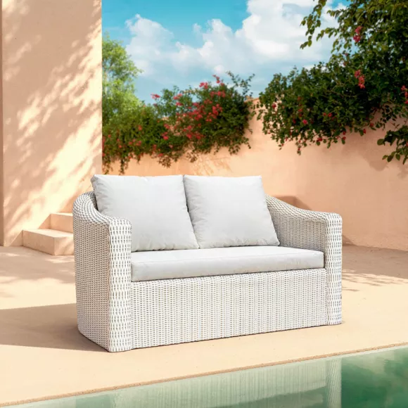 Salotto da giardino in resina intrecciata 7 posti 5 pezzi Calvi Bianco
