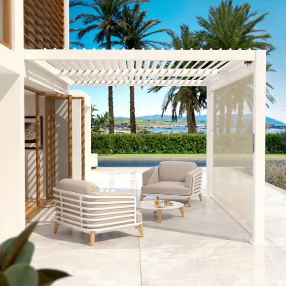 Cortina motorizada para pérgola bioclimática adosada (3 x 3 m) Blanco