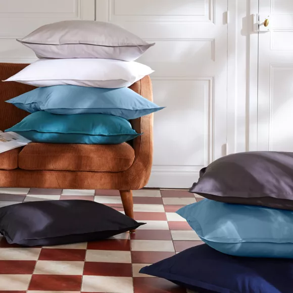 EM - Taie d'oreiller volant plat 65 x 65 cm Percale unie CALI Bleu ciel