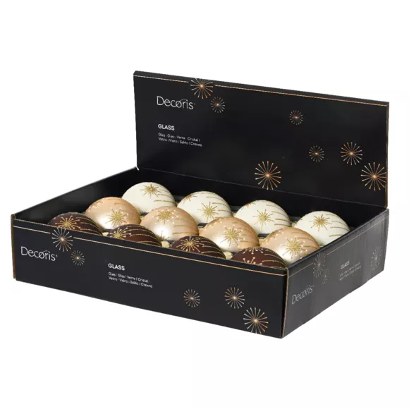 LOT DE 12  Boules verre Noël en fête dia8cm blanc laine, perle et brun café
