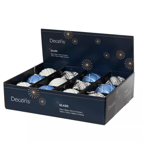 LOT DE 12 (EN VERRE)  Boules verre Rêverie dia10cm Bleu ciel, blanc et gris