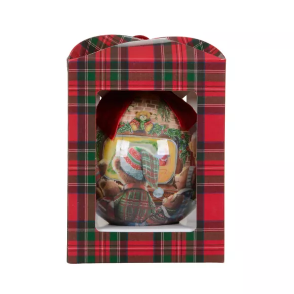 Boule de Noël (D100 mm) motif petits oursons avec nœud velours bordeaux