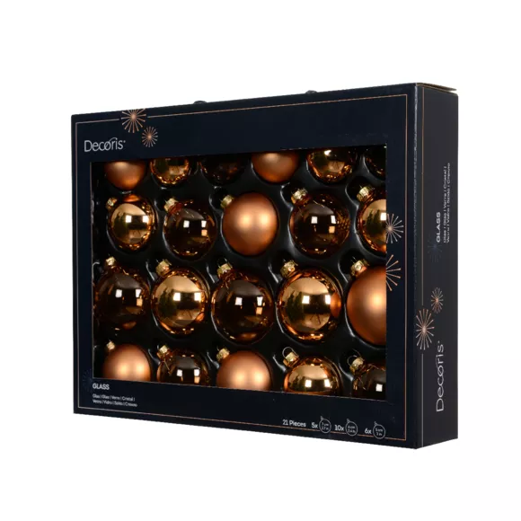 Lot de 21 boules de Noël en verre (D60 à 75 mm) Assorties Cristal Cognac Marron
