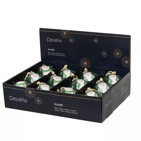 Lot de 12 boules de Noël en verre (D80 mm) Lutins joyeux Vert romarin