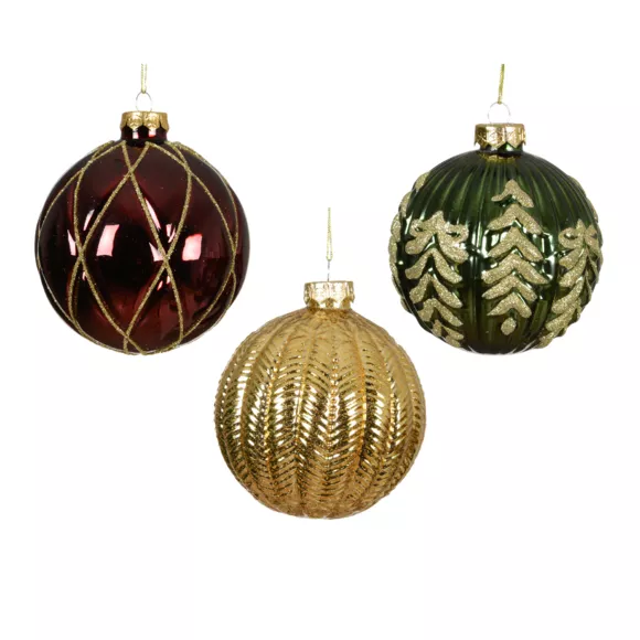 LOT DE 12 (EN VERRE)  Boules verre Rêverie dia10cm Bordeaux, vert sapin et or