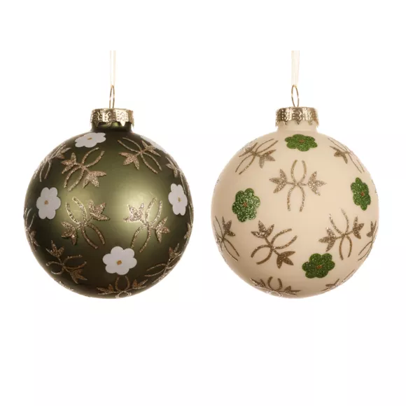 LOT DE 12 (EN VERRE)  Boules verre Fleurs Nature dia8cm Vert matcha et blanc laine