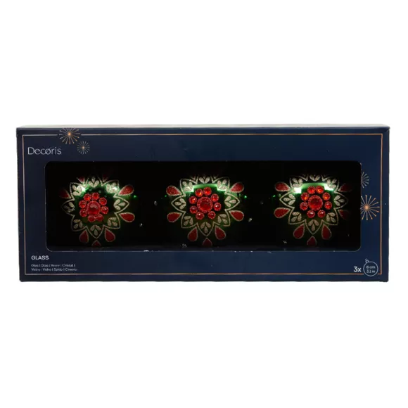 Lot de 3 boules de Noël en verre (D80 mm) Folk Flower Vert