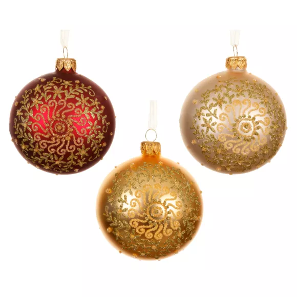 Lot de 6 boules de Noël en verre (D80 mm) Arabesque pailleté Or