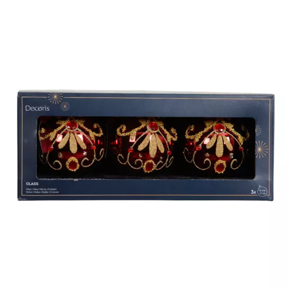 Lot de 3 boules de Noël en verre (D80 mm) Palazzo Bordeaux