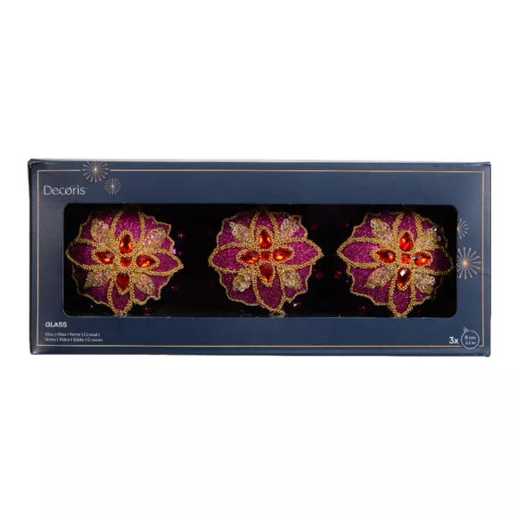 Lot de 3 Boules de Noël en verre (D80 mm) Dahlia Rouge