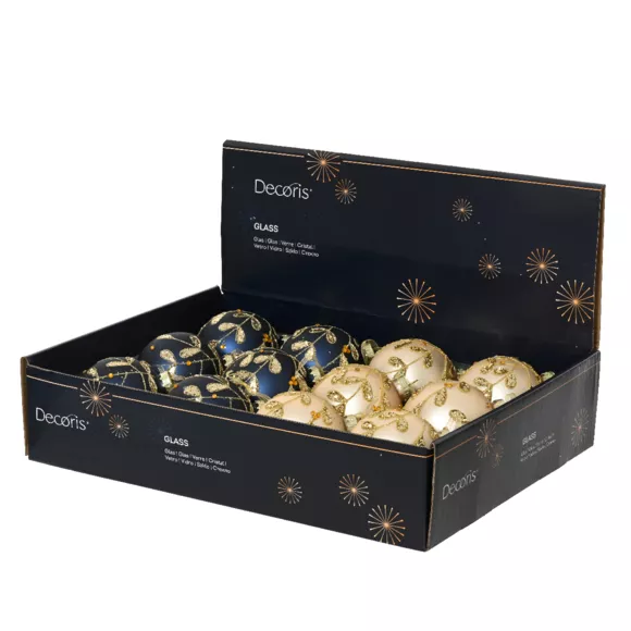 Lot de 12 boules de Noël en verre (D80 mm) Feuilles d'Or, bleu nuit et perle