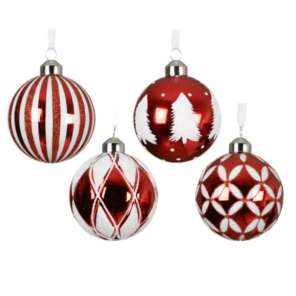LOT DE 12 (EN VERRE)  Boules verre Cirque enchanté  dia8cm rouge et blanc