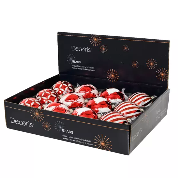 Lot de 12 boules de Noël en verre (D80 mm) Cirque enchanté Rouge et Blanc
