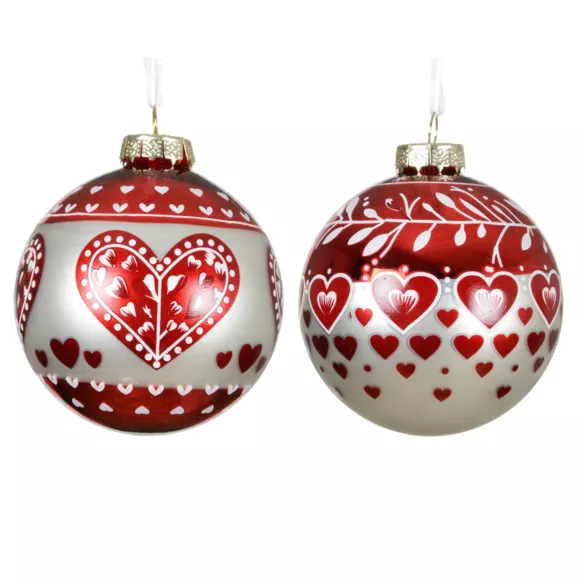 LOT DE 12 (EN VERRE)  Boule verre Cœur de Noël dia8cm Rouge