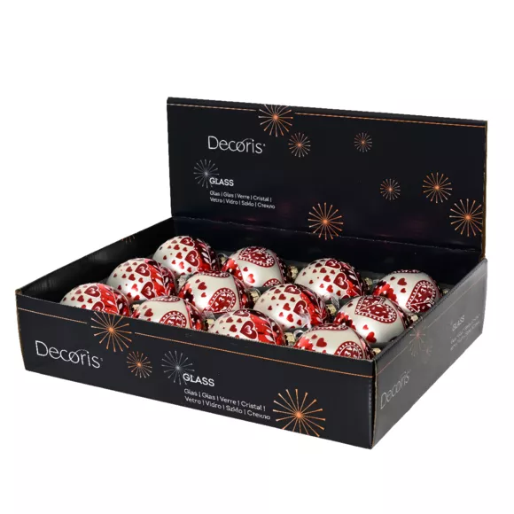 Lot de 12 boules de Noël en verre (D80 mm) Cœur de Noël Rouge