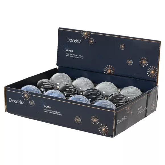 Lot de 12 boules de Noël en verre (D80 mm) Perles d'hiver Bleu