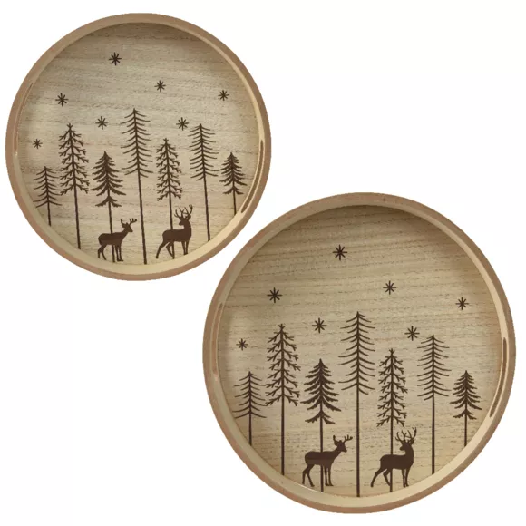 Lote de 2 bandejas redondas de madera (D34-D29 cm) Árboles de Navidad