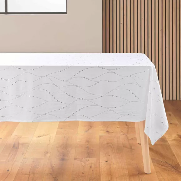 NAPPE RECTANGLE 140 x 240 CM MICROFIBRE IMPRIMEE METAL. FIRMAMENT BLANC/ARGENT