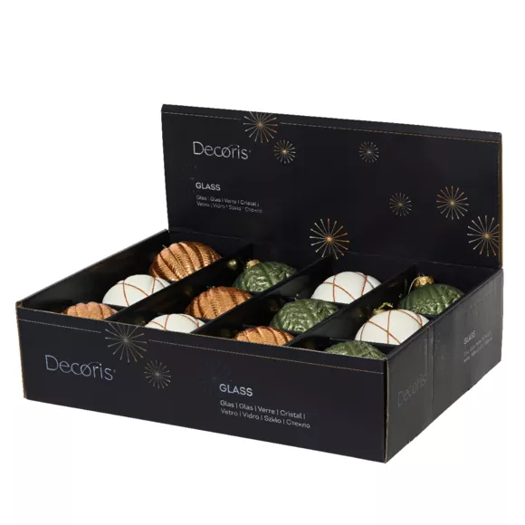 Lot de 12 boules de Noël en verre (D100 mm) Rêverie Blanc laine, Cognac et Vert romarin