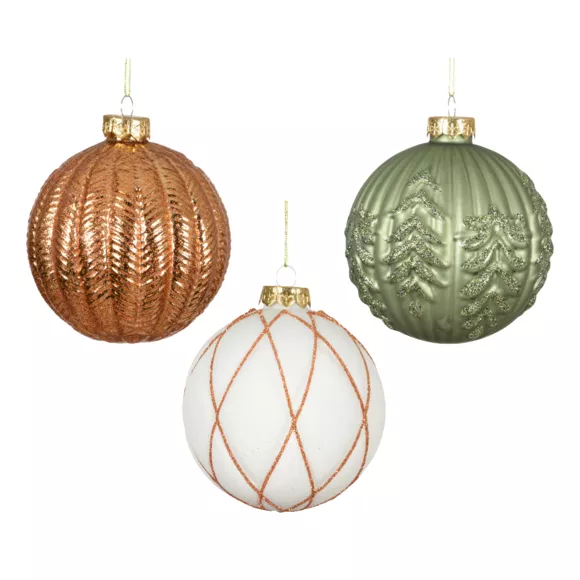 LOT DE 12 (EN VERRE)  Boules verre Rêverie dia10cm Blanc laine, cognac et vert romarin