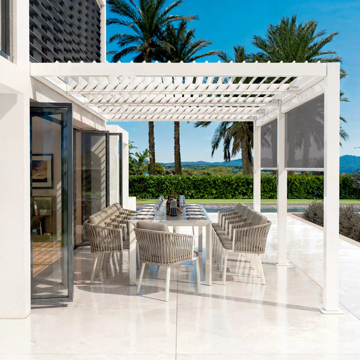 Lot de 2 rideaux motorisés pour pergola bioclimatique adossée (3 x 6 m) Blanc et gris