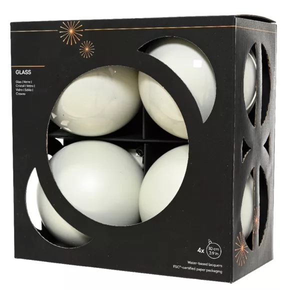 Boite a 4 Boules verre dia10cm blanc d hiver  Boréal (EMBALLAGE 100% RECYCLE certifié fsc)