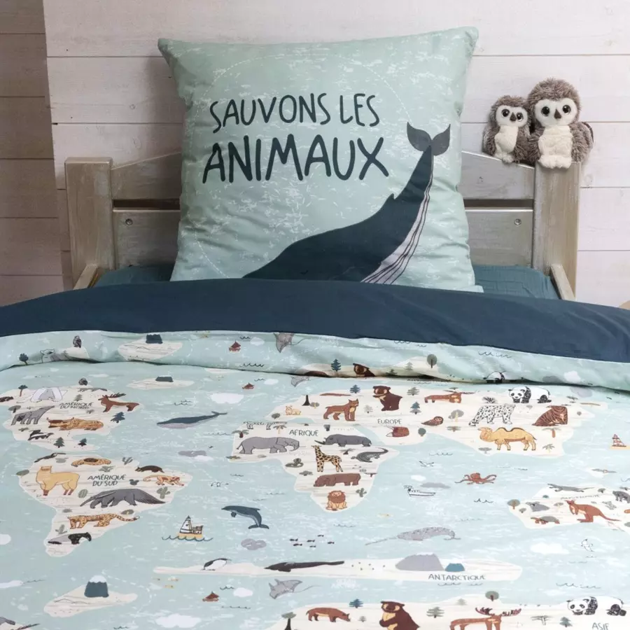 Housse de couette et une taie enfant coton (140 cm) Map Bleue 4