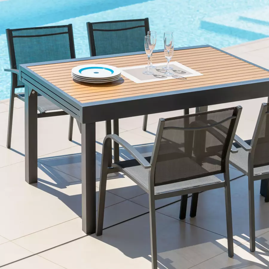 Tuintafel uitschuifbaar 10 personen Aluminium hout effect Murano (270 x 90 cm) - Antraciet 5